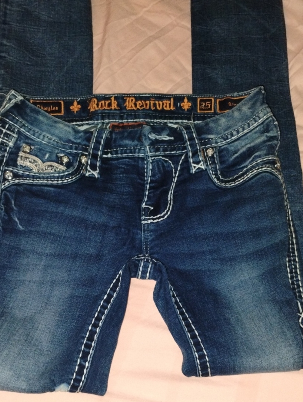 Rock Revival Women's Dark Blue Straight Leg Jeans with Embroidered Pockets